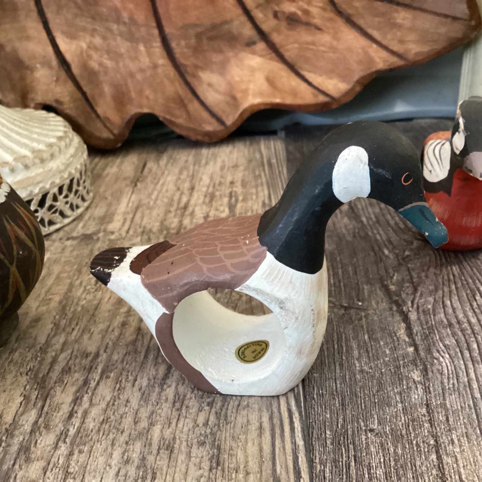 Napkin Rings Birds Wooden Owl Rooster Duck Geese Set Of 4 Vintage