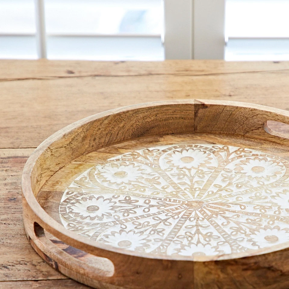 Round Floral Carved Mango Wood Serving Tray - Mandala Decoration - RRP £42.95 - Image 3 of 4