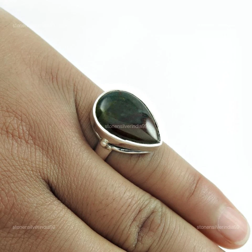 Anillo bisel distintivo de jadeíta natural pera de plata esterlina maciza talla 7 Foto 4 de 4