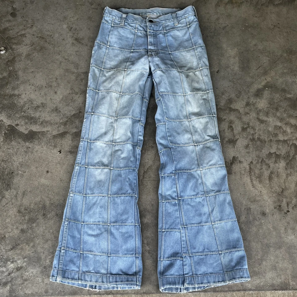 Pantalones de mezclilla de algodón vintage años 70 patchwork Brittania acampanados corte bootcut campana parte inferior Foto 2 de 4