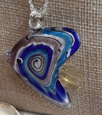Handcrafted Glass Fish Pendant Necklace, Rope Chain, Silver, Artistic Style