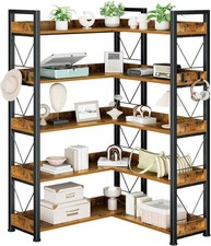 65 inch L Shaped Bookshelf, 5 Tier Corner Bookcase with Hooks and