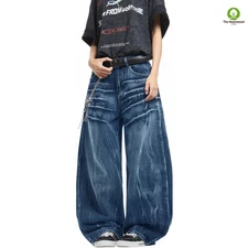 Men’s Streetwear Baggy Jeans Wide Leg Hip Hop Skater Denim Dark Blue XXL