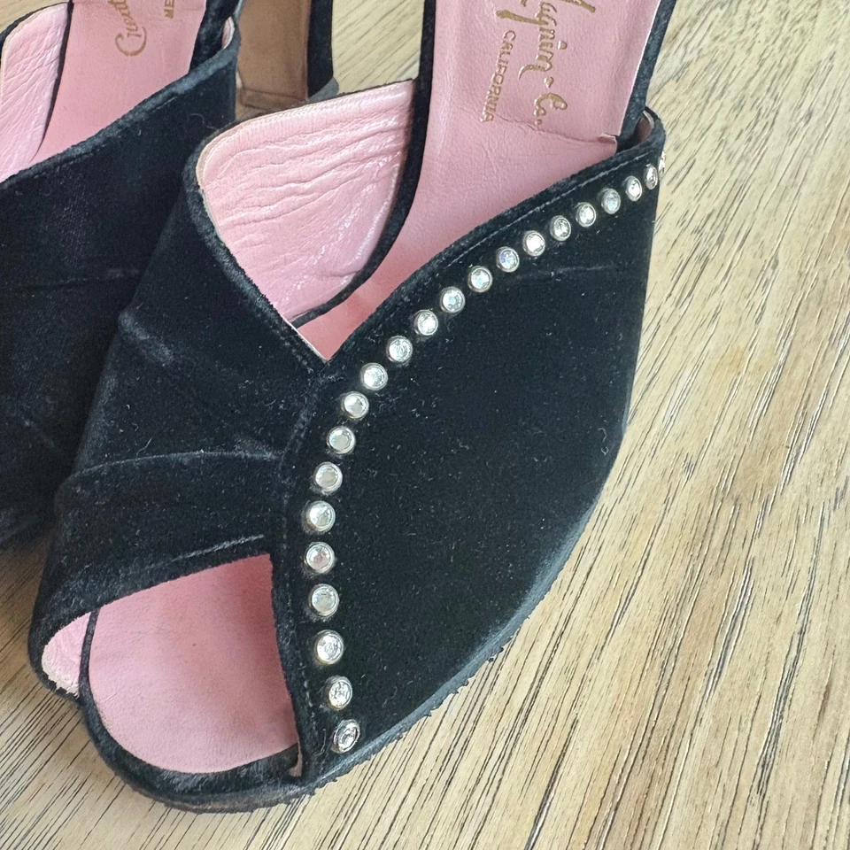 De colección 1950 I. Magnin California Tacones Terciopelo Negro Estrás Mulas Usado en Excelente Condición Foto 3 de 4
