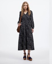 Madewell Dress Women XS Dark Navy Paisley Smocked V-Neck Midi Boho Woven Cotton
