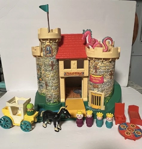 1974 VTG Fisher Price Castle + King Queen Prince Princess Dragon Woodsman Horse