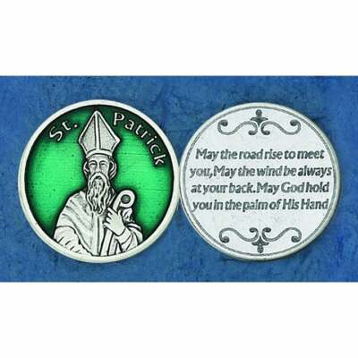 St. Saint Patrick + Irish Blessing - Silver tone + Green Enamel - Pocket Coin 