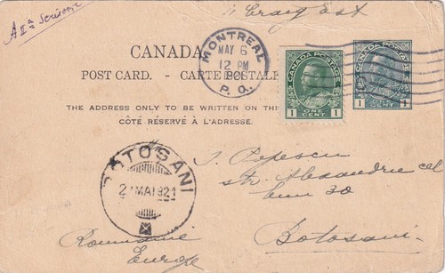 1921 Kanada Destination PS Karte 1c George upr 1c, MONTREAL nach Rumänien Botosani