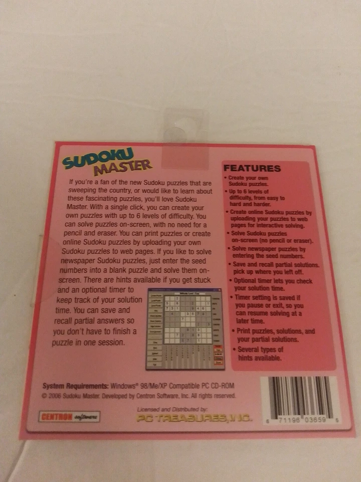 Sudoku Master CD-ROM For Windows 98 To XP Brand New Sealed In Flat Pack  - Image 2 of 2