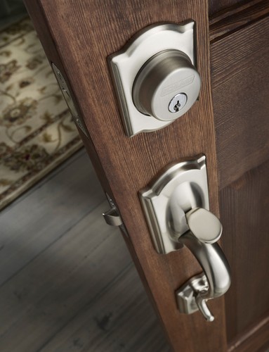 Schlage Camelot Satin Nickel Single Deadbolt Keyed Entry Door Handleset Knob - Picture 2 of 7