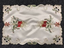 Beige Christmas Red Candle Poinsettia Embroidery Cutwork Table Placemats Runner