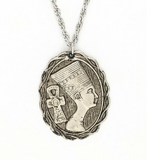 Egyptian Round Raised Relief Nefertiti Silver Tone Pendant 24" Necklace