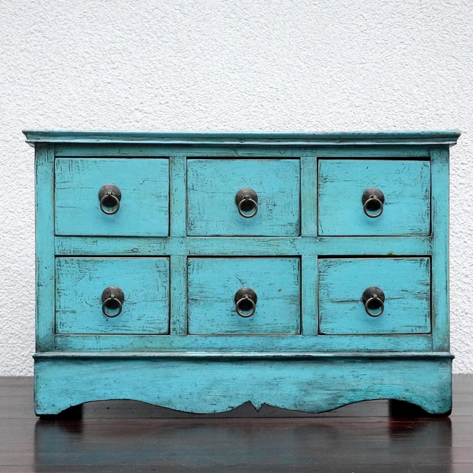 kleine Kommode Holz türkisblau vintage chinesisch Schubladen Apotheker Schrank