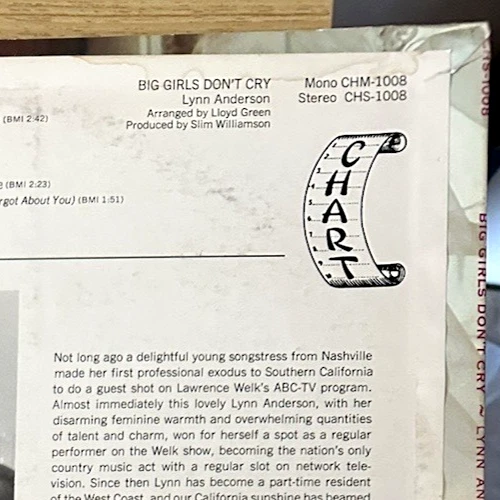 Lynn Anderson: Big Girls Don't Cry, Stereo LP 33rpm Chart Records CHS 1008 - Image 2 of 4