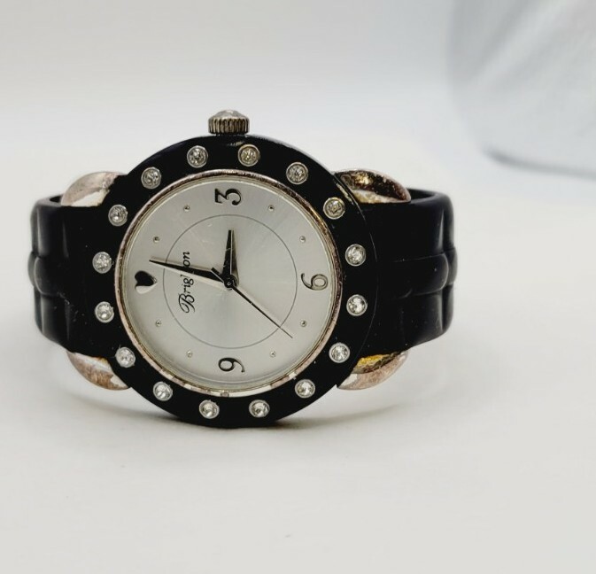Brighton HONG KONG Watch NEW Battery Black Band Crystal Accent 9.25"