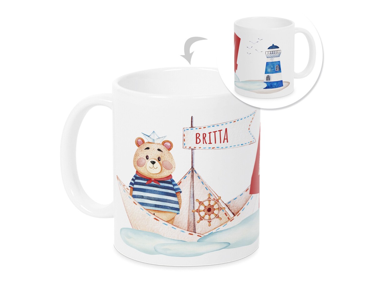 Personalisiertes Kindertasse Mit Bär & Boot – Keramik, 325 Ml, Spülmaschinengeeignet