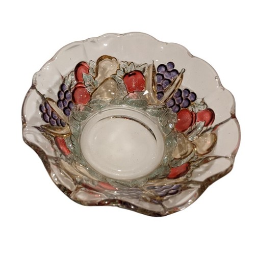Vintage Indiana Glass Bowl Garland Pattern Clear Glass Colorful Painted Fruit 6" - Picture 9 of 10