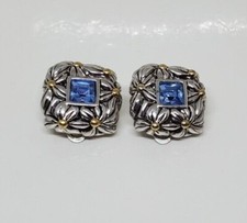 Vintage Premier USA Clip-On Earrings Silver Tone Flower Blue Rhinestone 3/4"