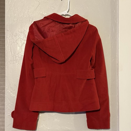 Tulle Red Hooded Swing Blazer Jacket Coat A Line Snap Closure Pleated Size Med - Picture 2 of 5