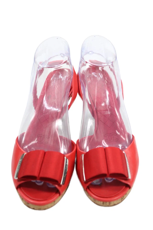 Chanel Mujer Cuero Grosgrain Logo CC Lazo Mules Rojo Talla 39 EUR Foto 2 de 4