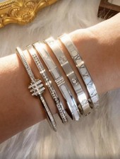 Silver Tone Bangle Bracelet Set 5PCS Stainless Steel Crystal Stackable Cuff