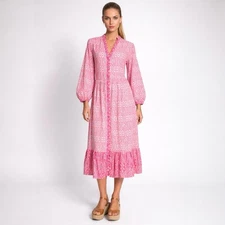 Zara Printed Midi  Dress M Pink Floral Button Front Tiered Boho Cotton 5029/077