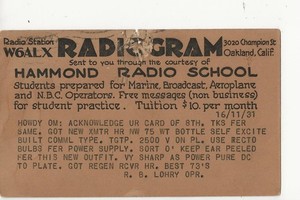 1931  W6ALX Hammond Radio School   Oakland California    QSL radio postcard