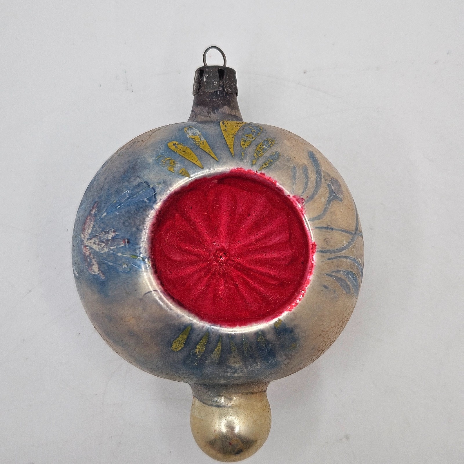 Vintage Hand Painted Mercury Glass Indent Christmas Ornament Red Center Blue