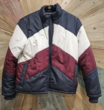 Atom Navy Blue Chevron Color Block Puffer Jacket By The Fifth Label, Size Small 