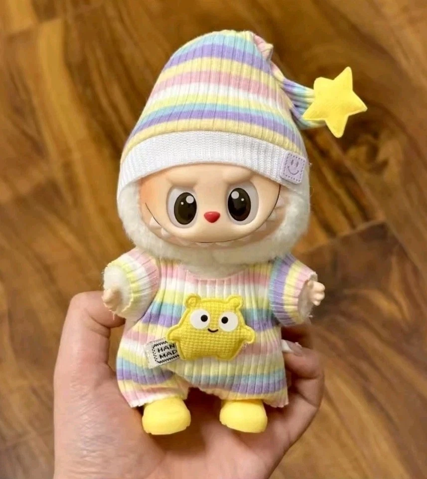 MARKENLOS 💜🩷💛💚Pyjama Set für Labubu Puppen 15-17cm Pastellfarben Schlafmütze💜🩷💛💚