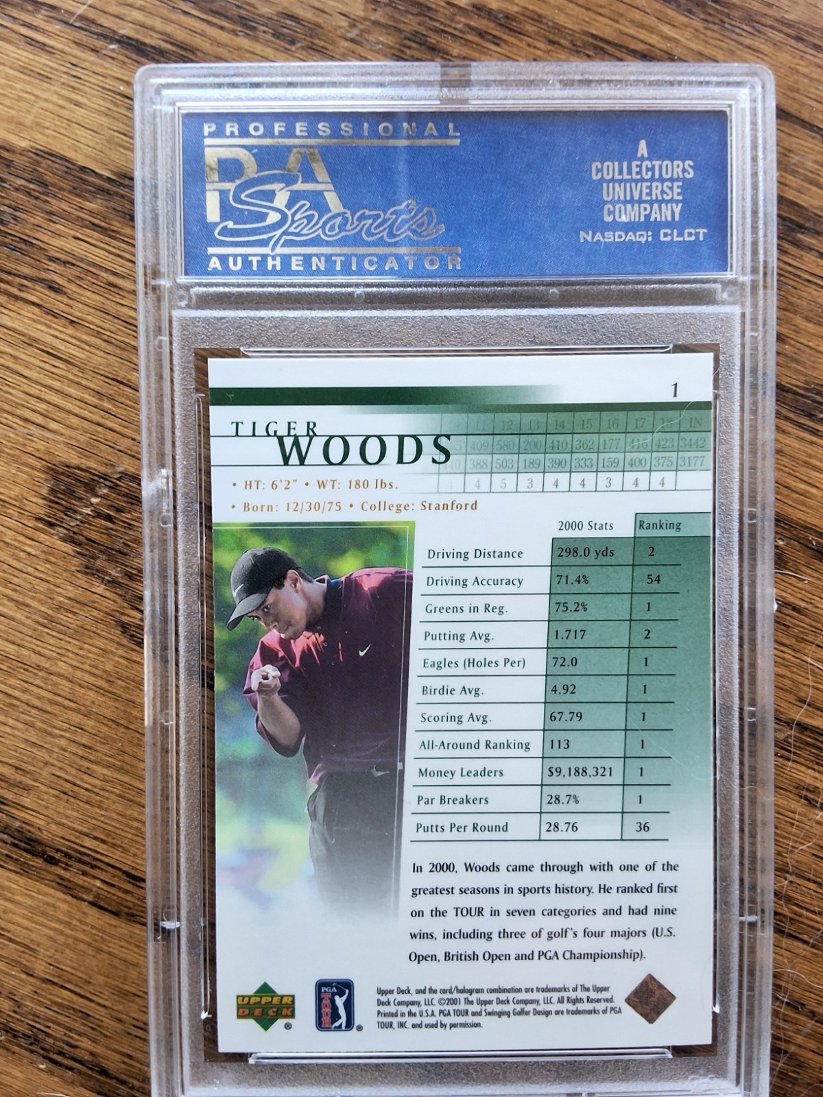 2001 Upper Deck Golf Tiger Woods #1 (RC)  PSA 9 view 2