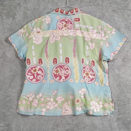 Tommy Bahama Women's 100% Silk Hawaiian Shirt Blouse Floral Large Blue Tattoo - 第 9/11 張圖片