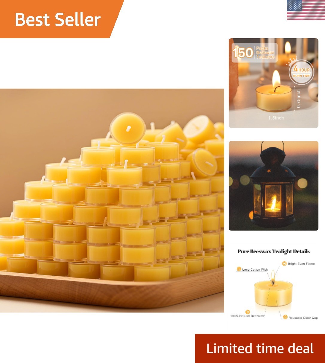 Bulk 150 Unscented Beeswax Tealights | Dripless, Smokeless -