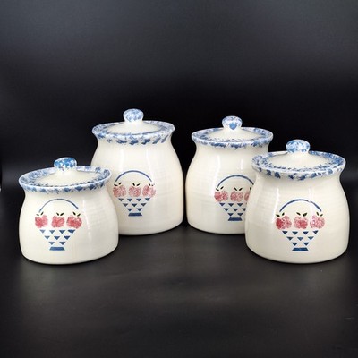 4 Vintage Cottage Collections Spongeware Apple Kitchen Canisters Ceramic