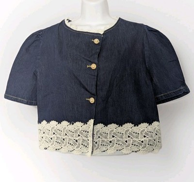In Seoul Beautiful City Denim Lace Trim Babydoll Crop Top Boho Button Festival M