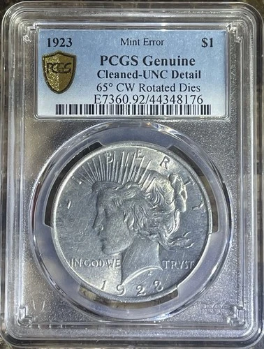 1923 Peace Silver Dollar PCGS Genuine Cleaned UNC Detail Rotated 65 Degree CW