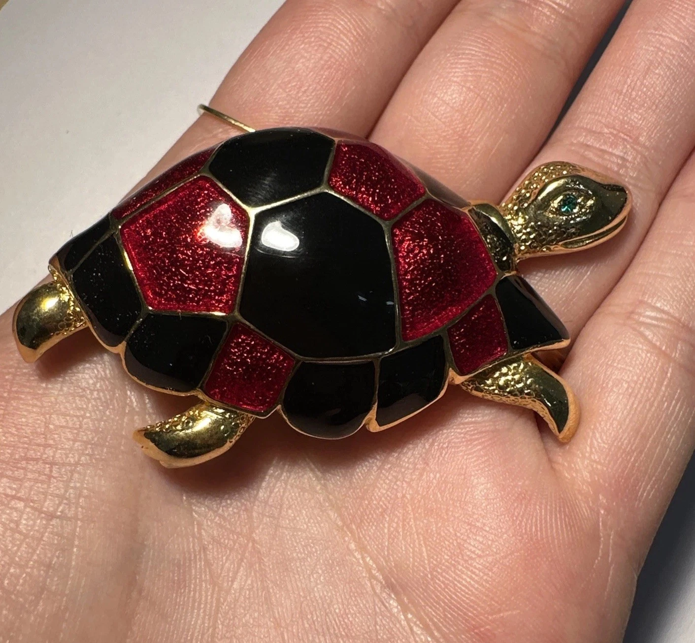 Broche Tortue, Dorée, Rouge Et Noire Nacrée Bijoux Fantaisie