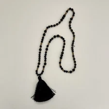 HipChik Lava Stone Black and Gold Beaded Tassel Necklace 