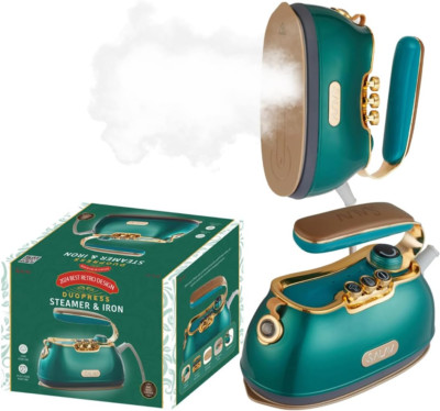 Retro Duopress Handheld Steamer & Iron, 1000W, No Drip, Vintage Emerald