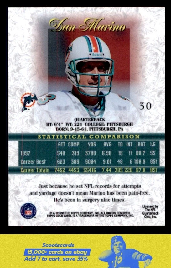 1998 Topps Gold Label Dan Marino card #30 Miami Dolphins - Image 2 of 2