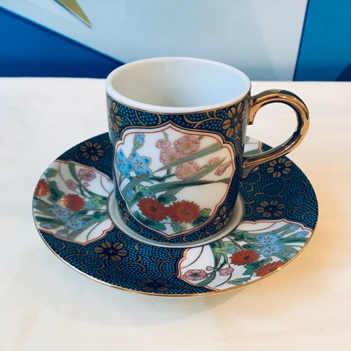 Vintage Otagiri OMC Japan Teal Floral Espresso Tea Coffee Mug Cup Saucer Set