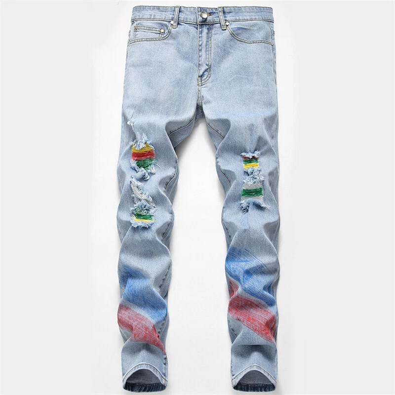 Herren Farbverlauf Regenbogen Jeans Skinny Denim Hose Reißverschluss Straight Distressed - Bild 2 von 4