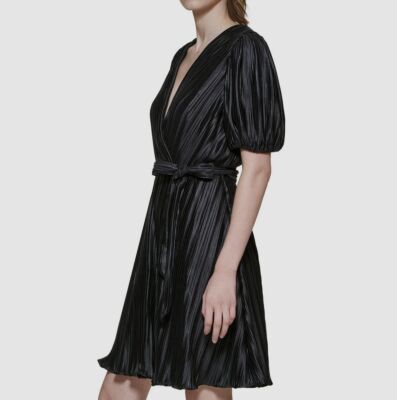 DKNY Women's Black Crinkled Pleated Surplice Self-Tie Dress Petite