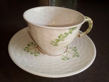 BELLEEK SHAMRCK GREEN BACK STAMP NWT BASKETWEAVE CUP AND SAUCER $83.00 PRICE TAG