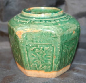 Antique Chinese Green Glazed Pottery 6 Sided Panelled Vase or Ginger Jar