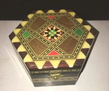 Marquetry Inlaid Wood Jewelry Trinket Box Spain 4.5” X 4.25 Spain Hecho A Mano