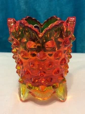 EUC Fenton Hobnail Orange Amberina Three Footed Toothpick Holder WITH STICKER