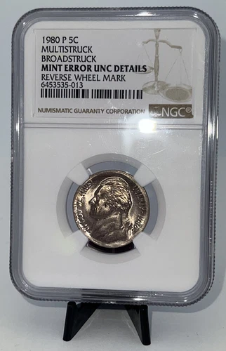 1980-P Jefferson 5C NGC MultiStruck Reverse Wheel Mark Mint Error Uncirculated