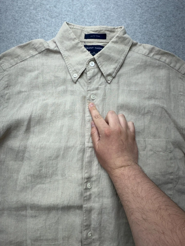 Camisa Grant Thomas Para Hombre Mediana Beige Abotonada 100% Lino Puro Exterior Costera Foto 3 de 4