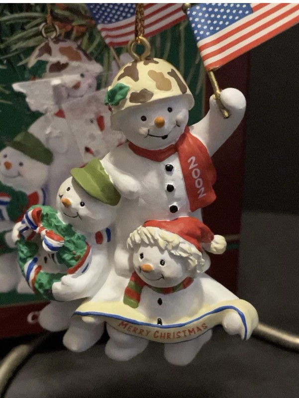Military Snowmen Waving A Flag Christmas Tree Ornament 